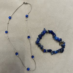 Lapis lazuli bracelet, and sterling silver and cat’s eye glass necklace set